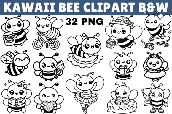 Download Kawaii Bee Black and White Clipart - Black and white Collection